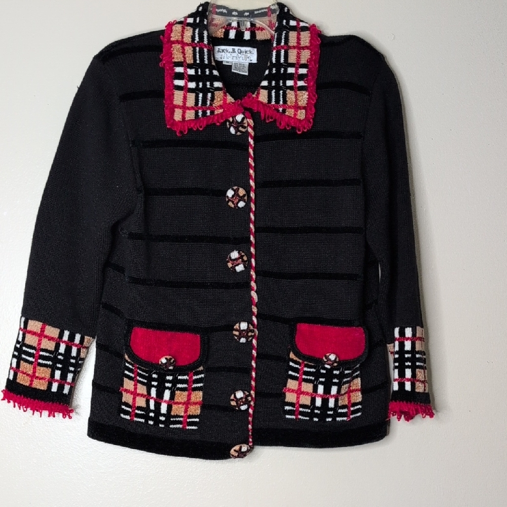Jack B Quick Black Cardigan Christmas Candy Cane Plaid Multi Trim Buttons Size M